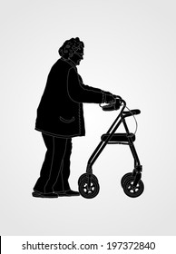 Old disabled woman using a walker silhouette vector. Mature invalid lady vector isolated on white background. Grandmother in nursing home. Senior woman active life with medical support. Active life.