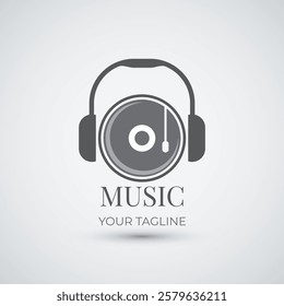 Old disc music with headphone logo design template