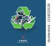 Old discarded electronic waste inside green recycling symbol. E-waste concept illustration with electrical devices such as computer monitor, cell phone, television, video camera, keyboard, mouse. 