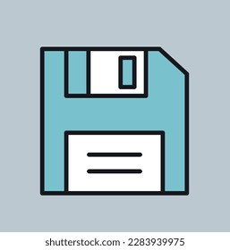 Icono de disquete antiguo. Inventario para el almacenamiento y transmisión de información. En los años 80 y 90. Símbolo para guardar datos en el programa y la aplicación. Dibujo vectorial plano de dibujos animados
