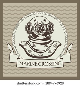 old diver helmet nautical gray vintage emblem vector illustration design