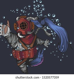 Old diver suit with eel monster eating the diver on the deep sea