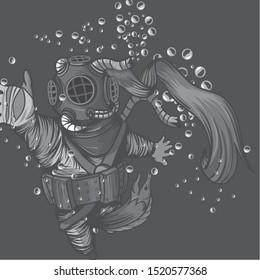 Old diver suit with eel monster eating the diver on the deep sea