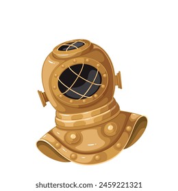 Old divers helmet, cartoon scuba diving suit equipment. Copper heavy antique mask for underwater adventure and experience, cartoon steampunk metal helmet to dive deep into sea vector illustration