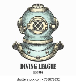 Old diving helmet drawn in retro style  Vector illustration 