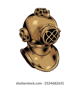 old diving helmet hand drawn Isolated background Etching engraving style vector illustration