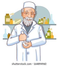 Old doctor with mortar on the background with medical bottles, vector image