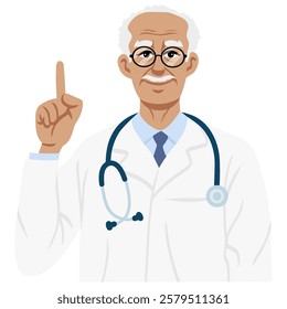 Old Doctor Raises Finger with Stethoscope Illustration Flat Design Cartoon