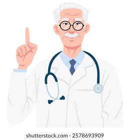 Old Doctor Senior Raises Finger with Stethoscope Illustration Vector Flat Design