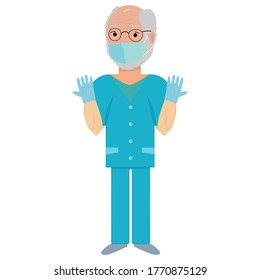 Old doctor vector icon in cartoon style isolated on white background. Grandfather in gloves. Doctor in mask with grey hair. Blue medic wear. Professor is ready for patient examination. Retired soon.