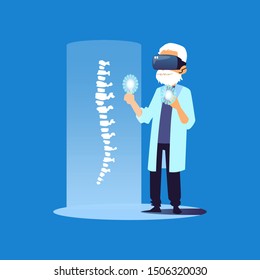 Old doctor with VR glasses examining human spine - cartoon medical specialist using modern medicine virtual reality technology to help patient. Isolated flat hand drawn vector illustration