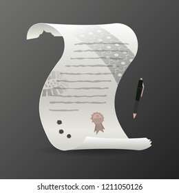Old document, vintage scroll with print. On it is a trace from tank tracks, a trace of soldier’s shoes, bullet holes. Near the pen. Vector illustration.