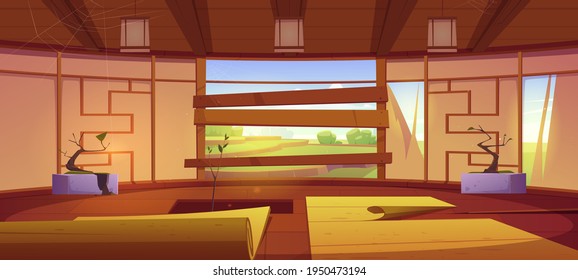 Old Dojo, Traditional Japanese Room For Karate And Meditation. Vector Cartoon Interior Of Empty Abandoned Dojo With Broken Wall, Mats, Hole In Floor And Boarded Up Window