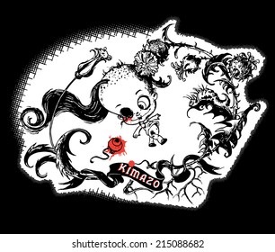Old Doll with fallen eye and Caterpillar. This design can be used for your HALLOWEEN card, party invitation, t-shirt, sticker , cap and more. VECTOR. 