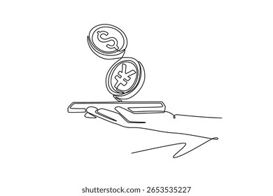 moedas de dólar velho e iene ou yuan no smartphone. conceito de ouro, bitcoin e moeda. Design de desenho de linha única. Ilustração gráfica vetorial