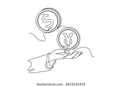 moedas de dólar velho e iene ou yuan no smartphone. conceito de ouro, bitcoin e moeda. Design de desenho de linha única. Ilustração gráfica vetorial