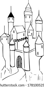Old doodle style castle. Vector black and white hand drawn sketch illustration for wallpaper or textures, abstract pattern for design