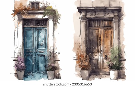 Old door and flowers in pot brick wall sketch picture art illustration house watercolor painting Abstract background.