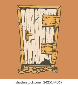 Old door, halloween illustration. line art illustration with colors, vector