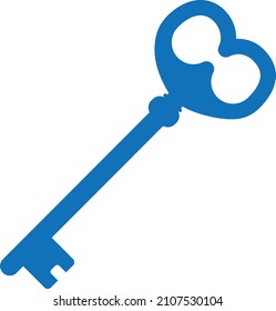 Old door key vector icon, Key silhouette on white background, Old ornate key vector icon blue version