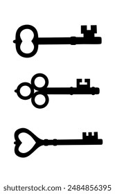 Old door key vector icon. Illustration featuring three different versions of an old door key, perfect for vintage designs, security themes, or antique graphics, on a white background.