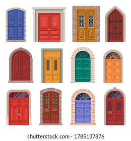 Old Door Vector Icon Or Vintage House Entrance. Retro Outdoor Gate Or Set Of Isolated Building Exterior Element. Classic Porch And Museum Medieval Doors. Architecture And Decoration Theme