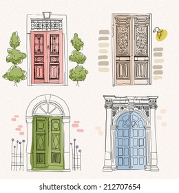 Portas antigas em estilo vintage em fundo aquarela. Desenho à mão. Design de doodle. Ilustração vetorial.