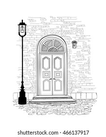 Old Doors In Vintage Style Over White Background. House Entrance Hand Drawing Illustration. Doodle Cozy Street Alleyway Wallpaper Design