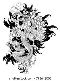 old dragon with flower tattoo.Illustration chinese dragon among peony and chrysanthemum flower on wave background.traditional dragon tattoo idea.