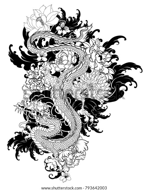 Old Dragon Flower Tattooillustration Chinese Dragon Stock Vector ...