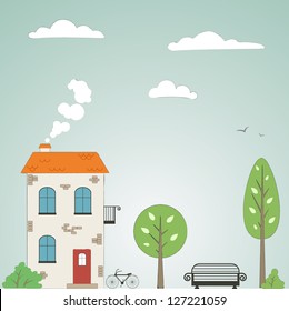 Old drawn city background with clouds. Vector