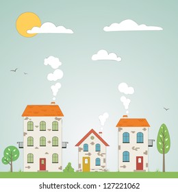 Old drawn city background with clouds. Vector
