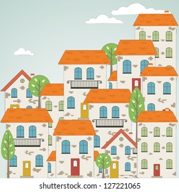 Old drawn city background with clouds. Vector