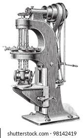 Old drilling machine / vintage illustration from Meyers Konversations-Lexikon 1897