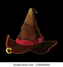 Old druid, wizard or witch hat. Halloween fairy hat. Realistic illustration vector game icon, item. Isolated on background.