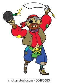 Old drunk pirate with a sword and a bottle.