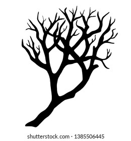 Old dry, bare tree. Black silhouette. Sketch drawing. Isolated on white background