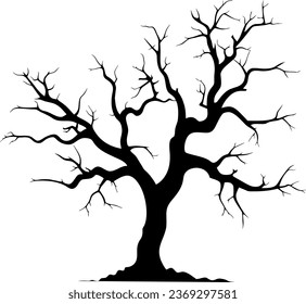 Árbol viejo seco y desnudo. Silueta negra. Esbozo dibujado a mano. Aislado sobre fondo blanco. Ilustración del vector