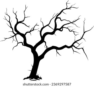 Árbol viejo seco y desnudo. Silueta negra. Esbozo dibujado a mano. Aislado sobre fondo blanco. Ilustración del vector