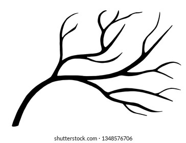 Old dry, bare tree, branch. Black silhouette. Sketch hand drawn. Isolated on white background