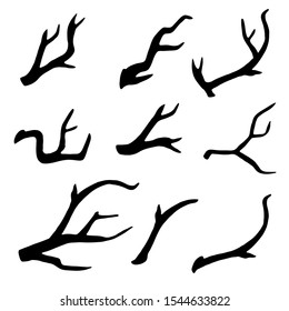 Old dry, bare tree, branch, bough set. Black silhouettes. Sketch hand drawn. Isolated on white background 
