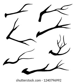 Old dry, bare tree branches. Black silhouettes. Sketch hand drawn. Isolated on white background set