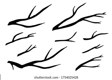 Old dry  bare tree branches set  Black silhouettes  Sketch hand drawn  Isolated white background