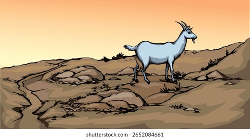Velho arbusto seco árido rural uádi parque alta colina penhasco texto espaço mão preta desenhado biblic arte cena cena visão panorâmica branco perdido solitário leite fawn ovas sozinho veado animal de estimação carneiro carneiro carneiro ficar caçar comer alp água mesmo céu