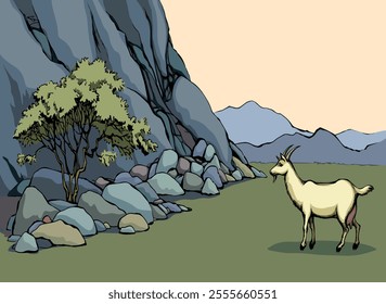 Old dry bush rural wadi park hill cliff text space hand drawn biblic Israel land art scene. Scenic view white lone milk fawn roe alone stag pet sheep lamb ram stand hunt eat look graze water even sky