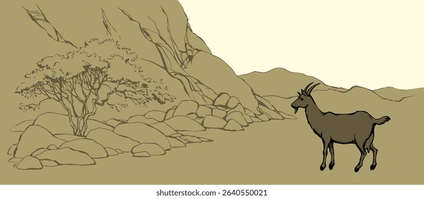 Old dry bush rural wadi park hill cliff text space hand drawn biblic Israel land art scene. Scenic view white lone milk fawn roe alone stag pet sheep lamb ram stand hunt eat look graze water even sky
