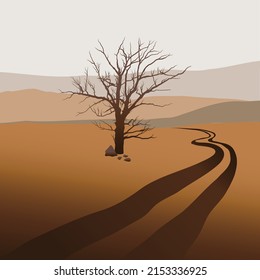 old dry tree at desert field. vector illustratiom.Collection of interior posters.
