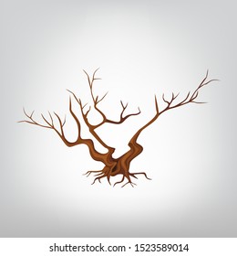 Old dry tree with a hollow. Dry cartoonish oak, dried tree. Old withered leafless tree on a white background.