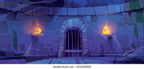 Old dungeon, castle prison interior with door, stone walls and torches at night. Empty medieval jail with iron gate and spiderweb, vector cartoon illustration