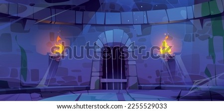 Old dungeon, castle prison interior with door, stone walls and torches at night. Empty medieval jail with iron gate and spiderweb, vector cartoon illustration